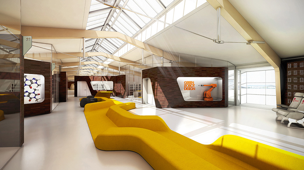 Visualisierung eines Raums in dem ein gelbes, modernes Sofa steht.