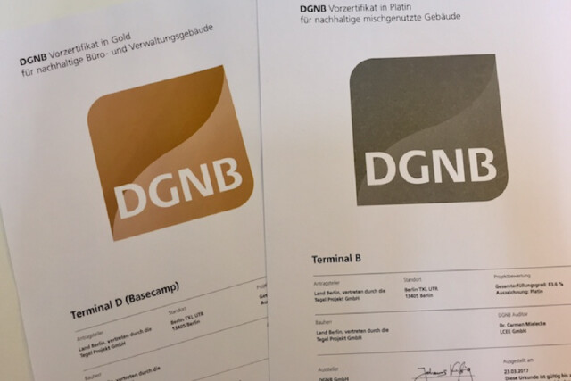 DGNB Vorzertifikat in Gold für das Terminal D in der Kategorie nachhaltige Büro- und Verwaltungsgebäude und das DGNB Vorzertifikat in Platin für das Terminal B in der Kategorie nachhaltige mischgenutzte Gebäude