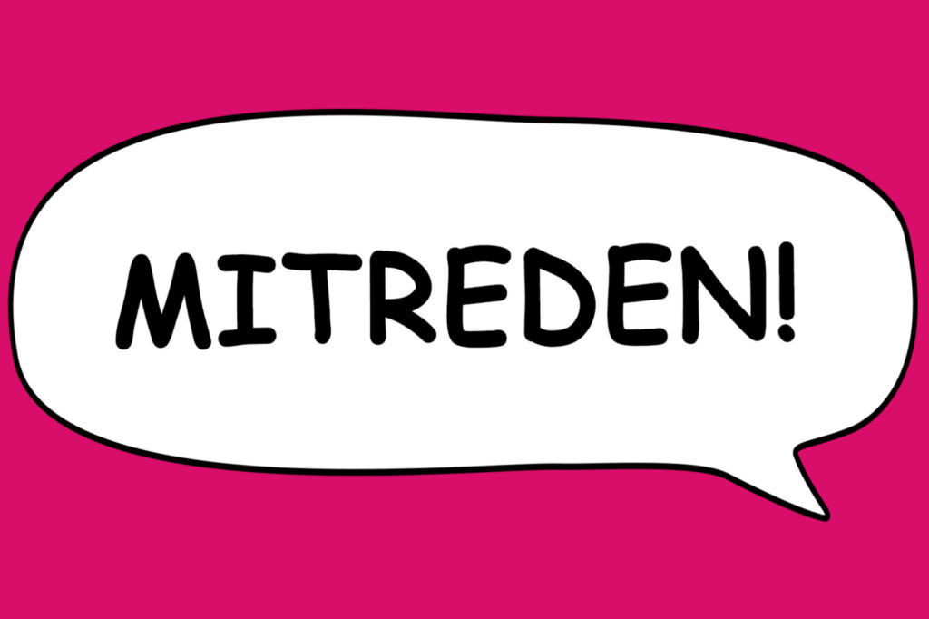 Sprechblase mit Text: MITREDEN!