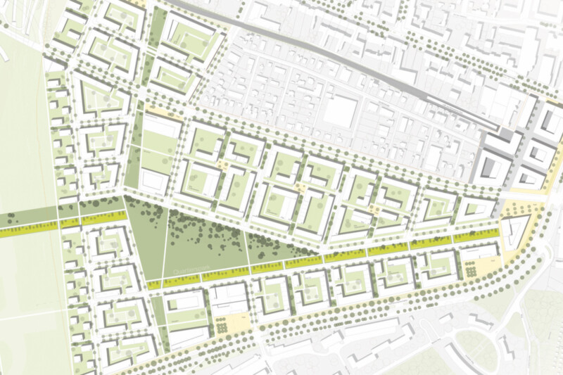 Siegerentwurf von scheuvens + wachten plus, Schumacher Quartier von oben, Skizze