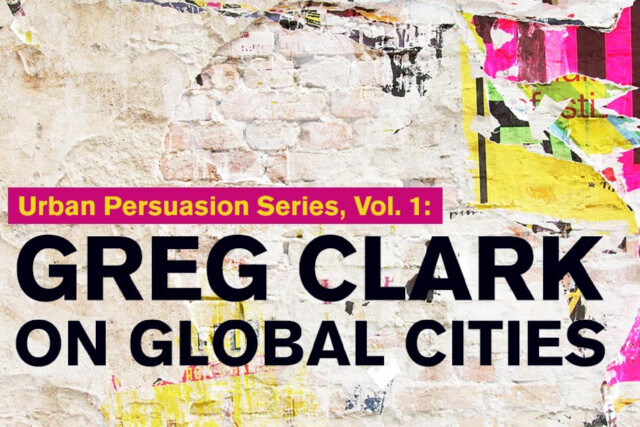 Text GREG CLARK ON GLOBAL CITIES auf einer Mauer