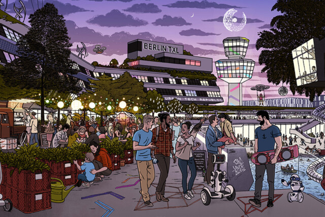 Illustration von einer Gruppe junger Leuten, die den Abend auf dem Campus der Urban Tech Republic verbringt